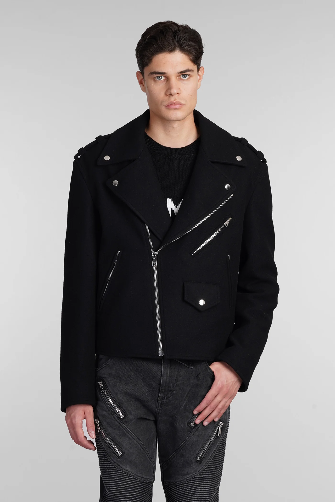 Biker jacket in black wool
