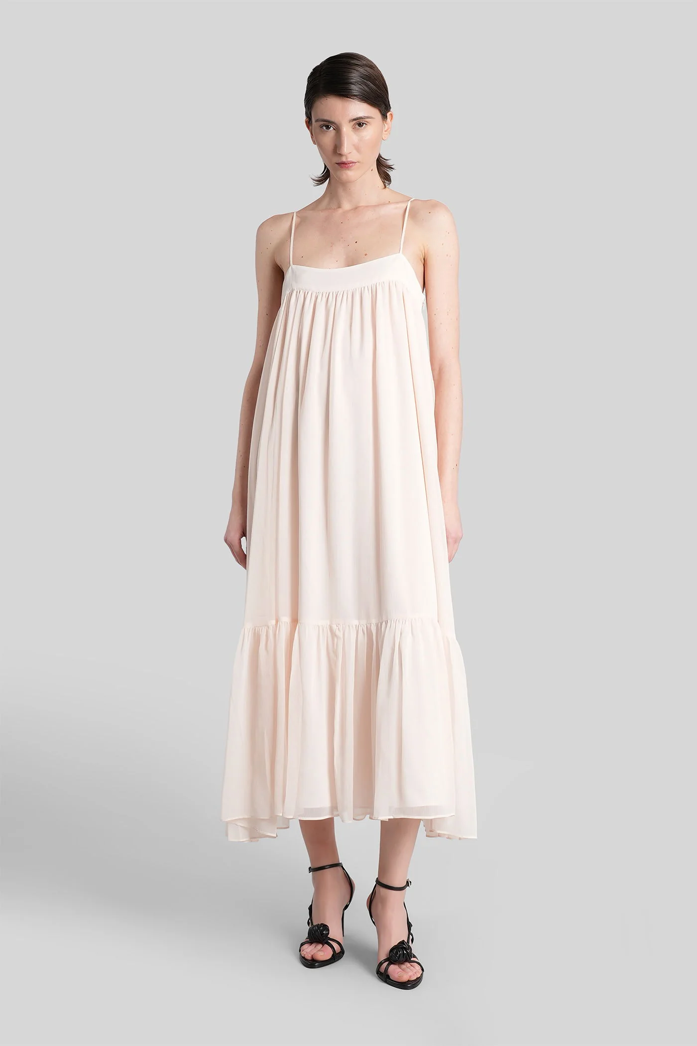 Long dress in rose-pink polyester