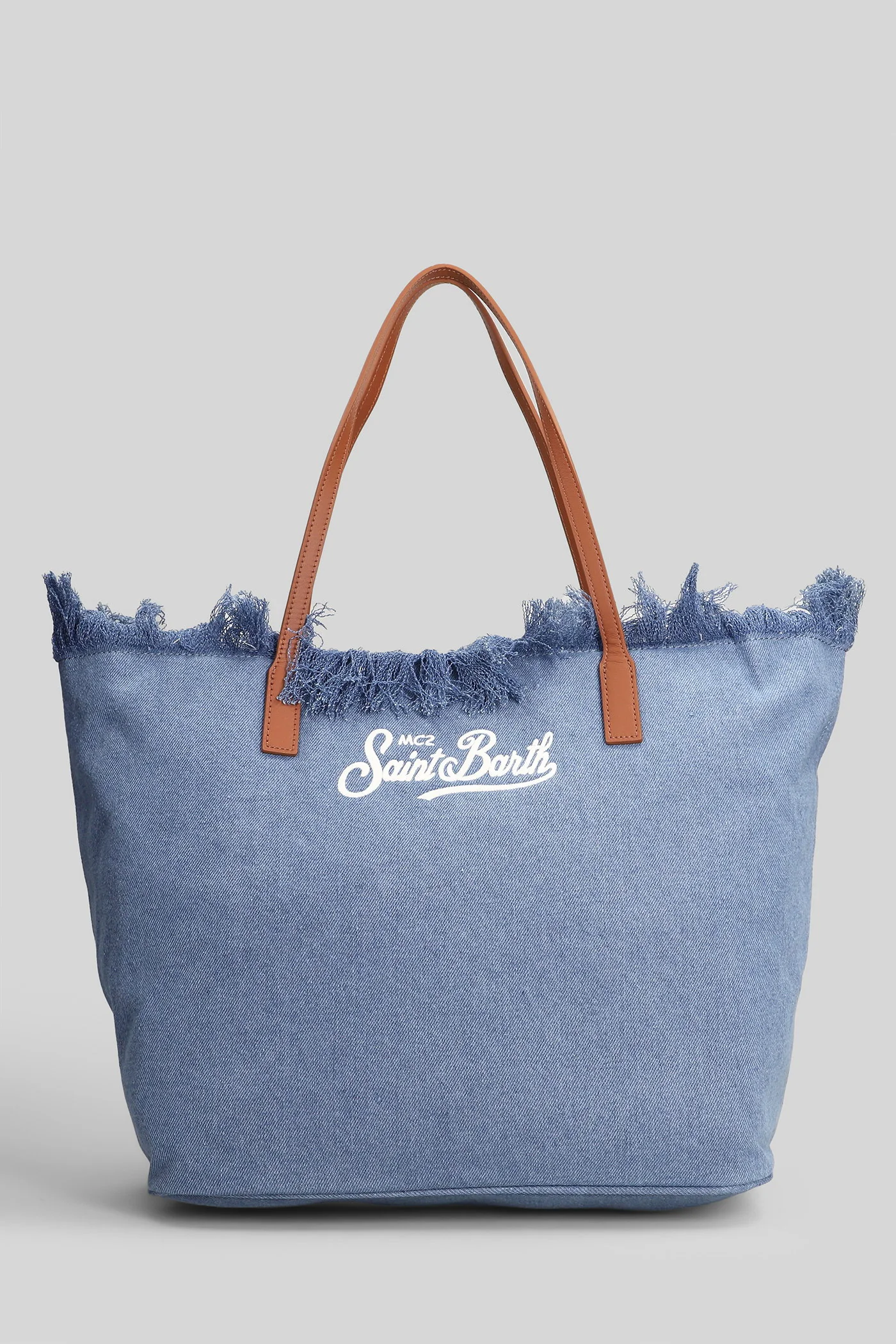 City Bag Fringe Tote in cyan denim